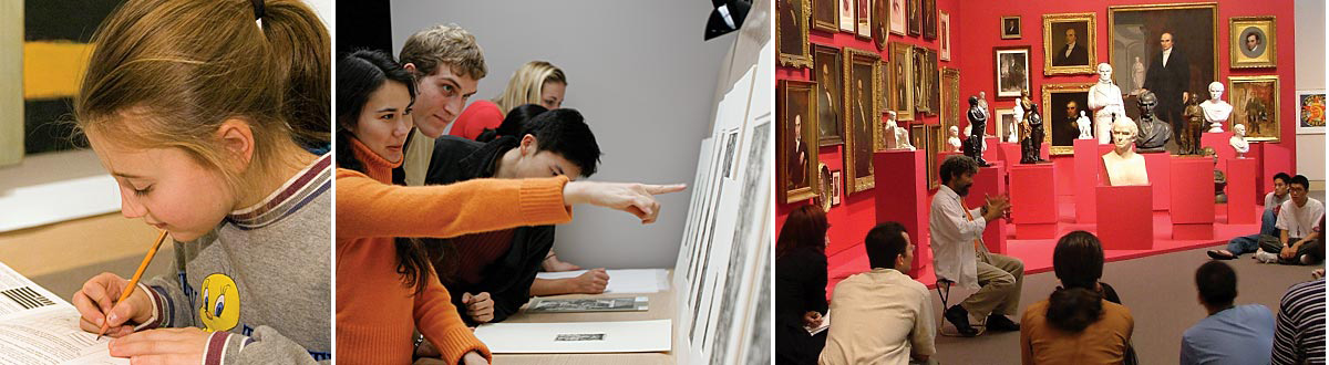 Photo collage of child drawing, public lecture, and students studying