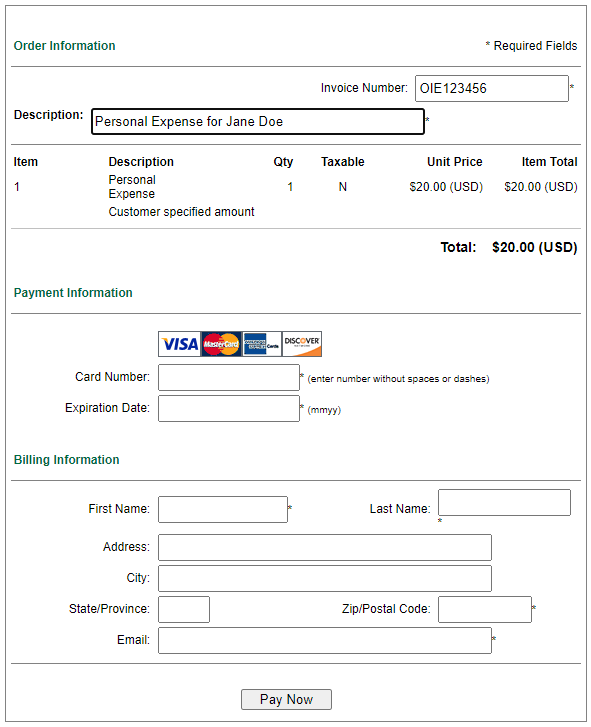 Pay Personal Expense Screen 2 for Corp Card
