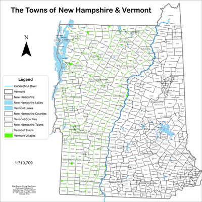 A town map of New Hampshire and Vermont