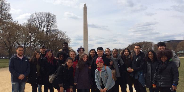 group of pathways scholars in front of the Washington memorial.