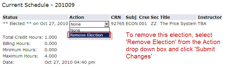 elected courses with action drop down