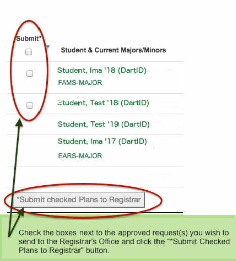 Check the boxes next to the approved request(s) you wish to send to the Registrar's Office and click the "Submit Checked Plans to Registrar" button. 