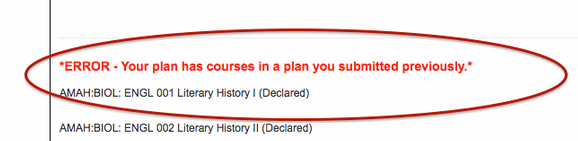 This error message appears when a student has used a course to duldill a requirement in more than one submitted request