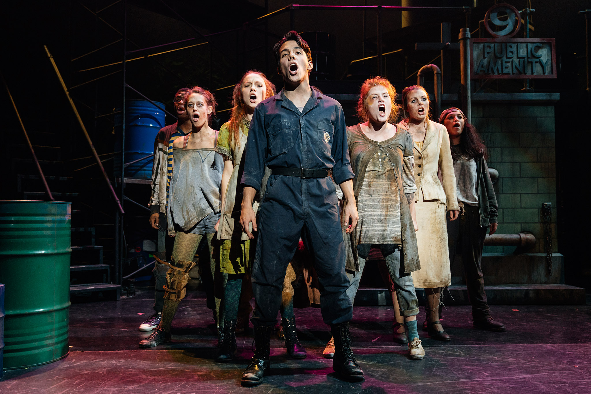 Students rehearse "Urinetown" on the Moore Theater stage.