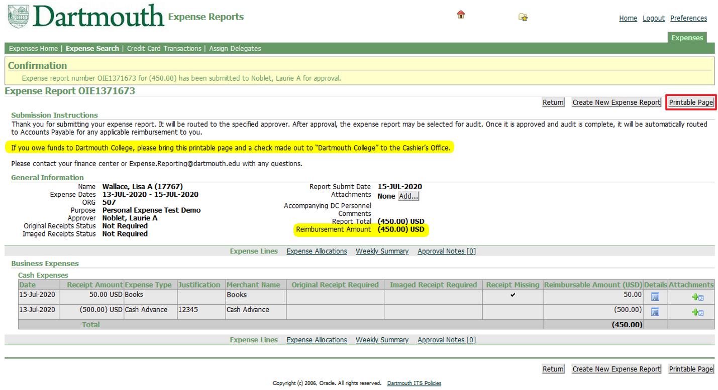 iExpense Expense Report Confirmation Page