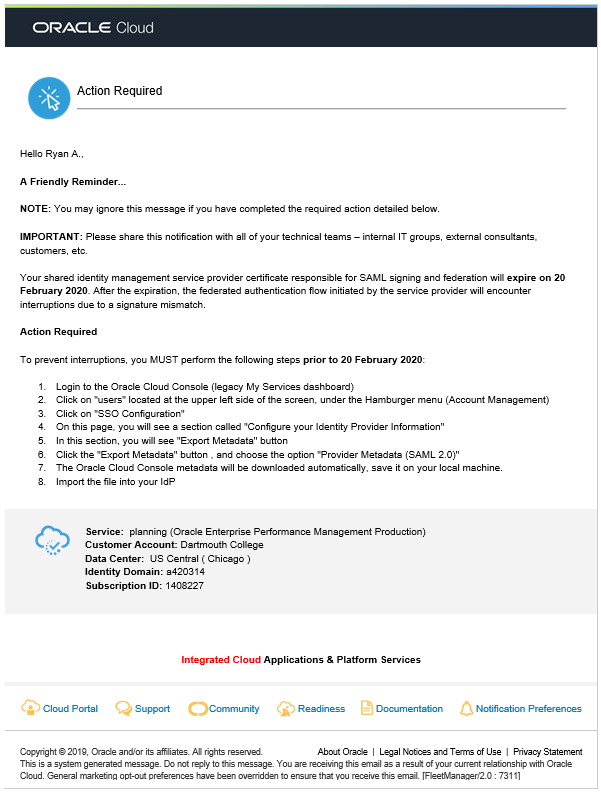 Phishing email from what appears to be Oracle Cloud