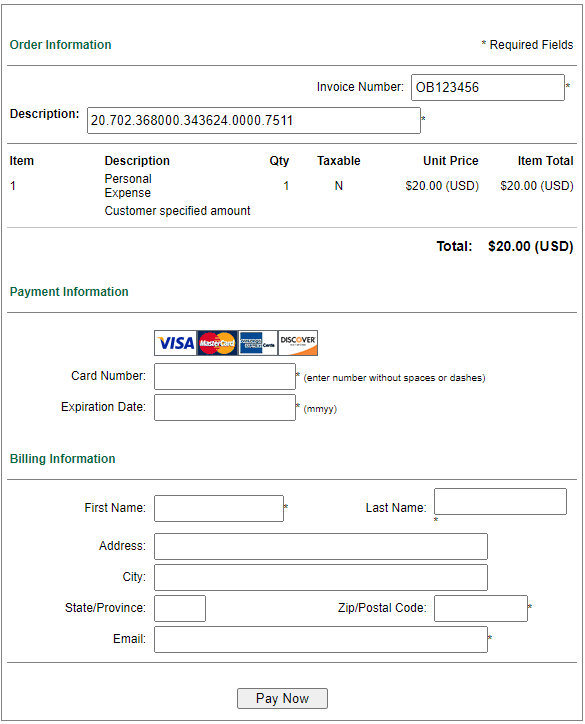 Pay Personal Expense Screen 2 for PCard
