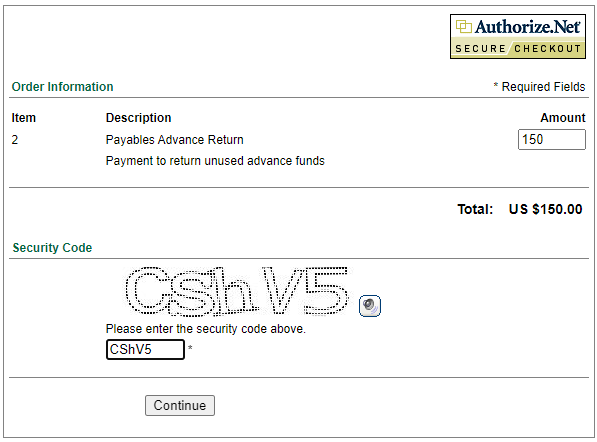 Payment Advance verification screen