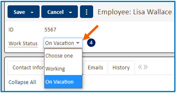 Select On Vacation from the Work Status dropdown and Click Save