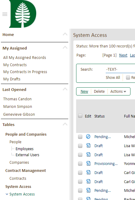 Agiloft Interface with System Access table displayed and selecting New to create a new system access request