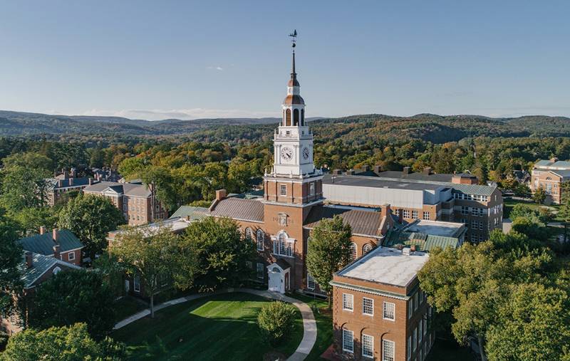 An aerial view of Dartmouth's Baker Tower.