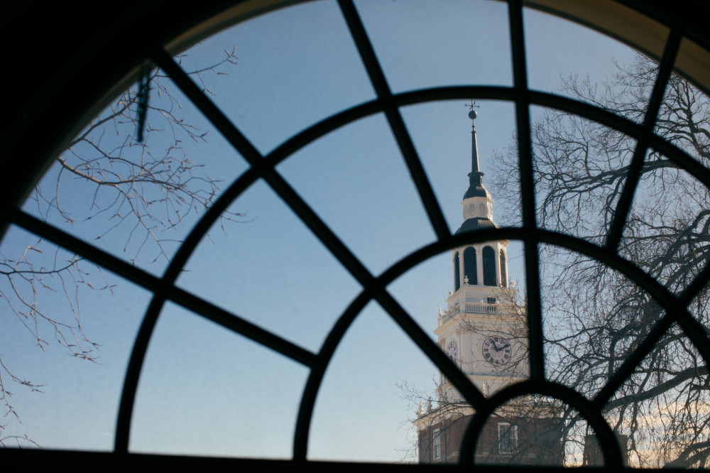 Baker Tower through a window.