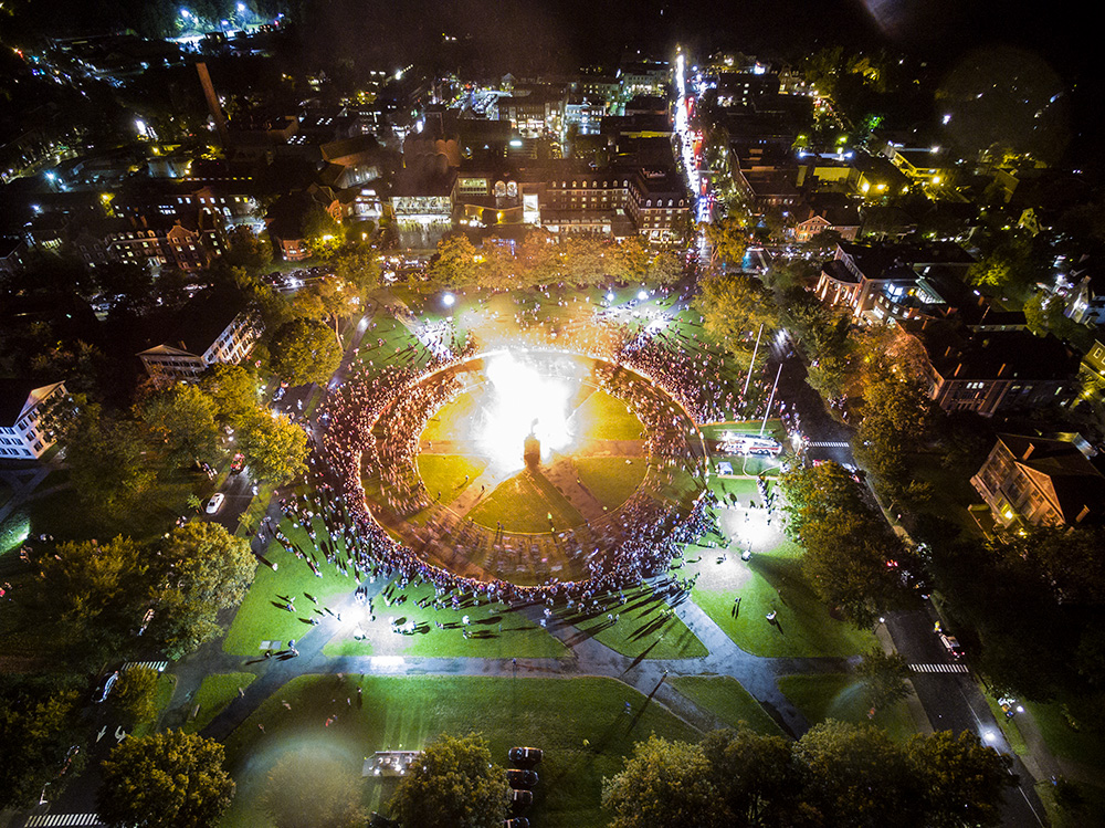 A drone image above the Homecoming Bonfire.