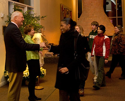 President and Mrs. Wright greet members of the Dartmouth community at their annual Holiday Reception in the Top of the Hop.