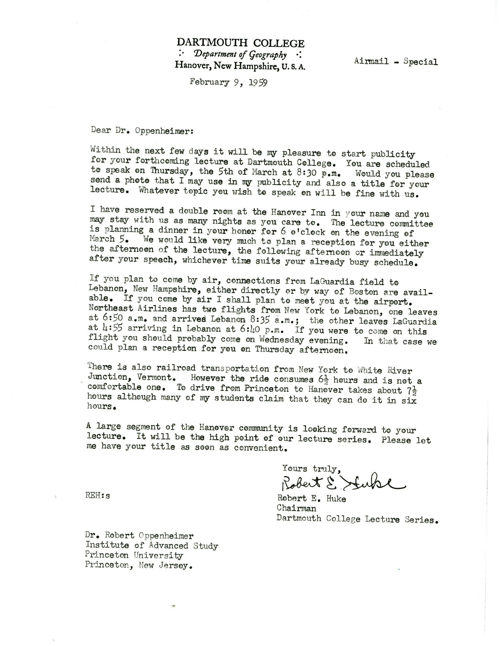 Letter from Robert Huke, Dartmouth College, to Robert Oppenheimer ...