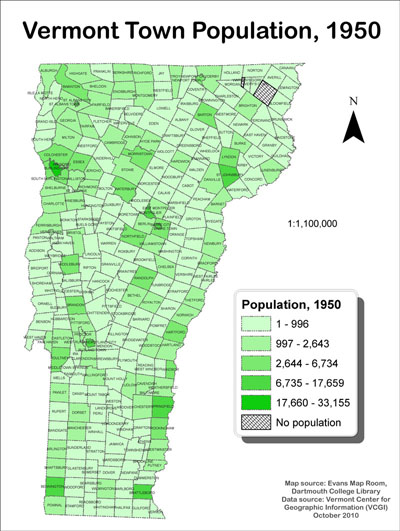 Mapping Vermont town population through the decades