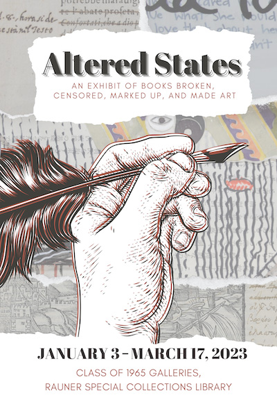 Altered States - poster; depicts hand with quill overlaying mashup of pieces from different books