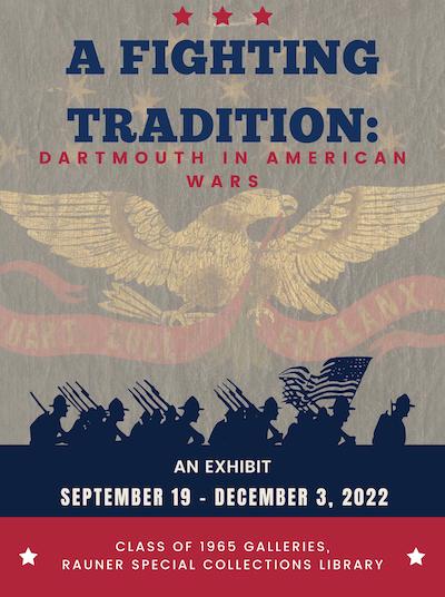 A Fighting Tradition - poster; depicts Amreican eagel overlain with outline of troups marching; color are primarily red and blue