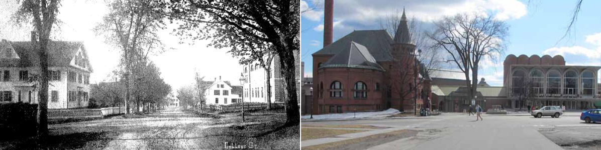 View of the intersection of College and Lebanon Streets, circa 1875 (left) and current (right)
