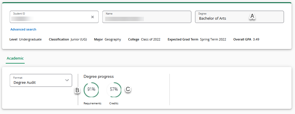 The header displays information on major, class year, and progress toward degree completion.