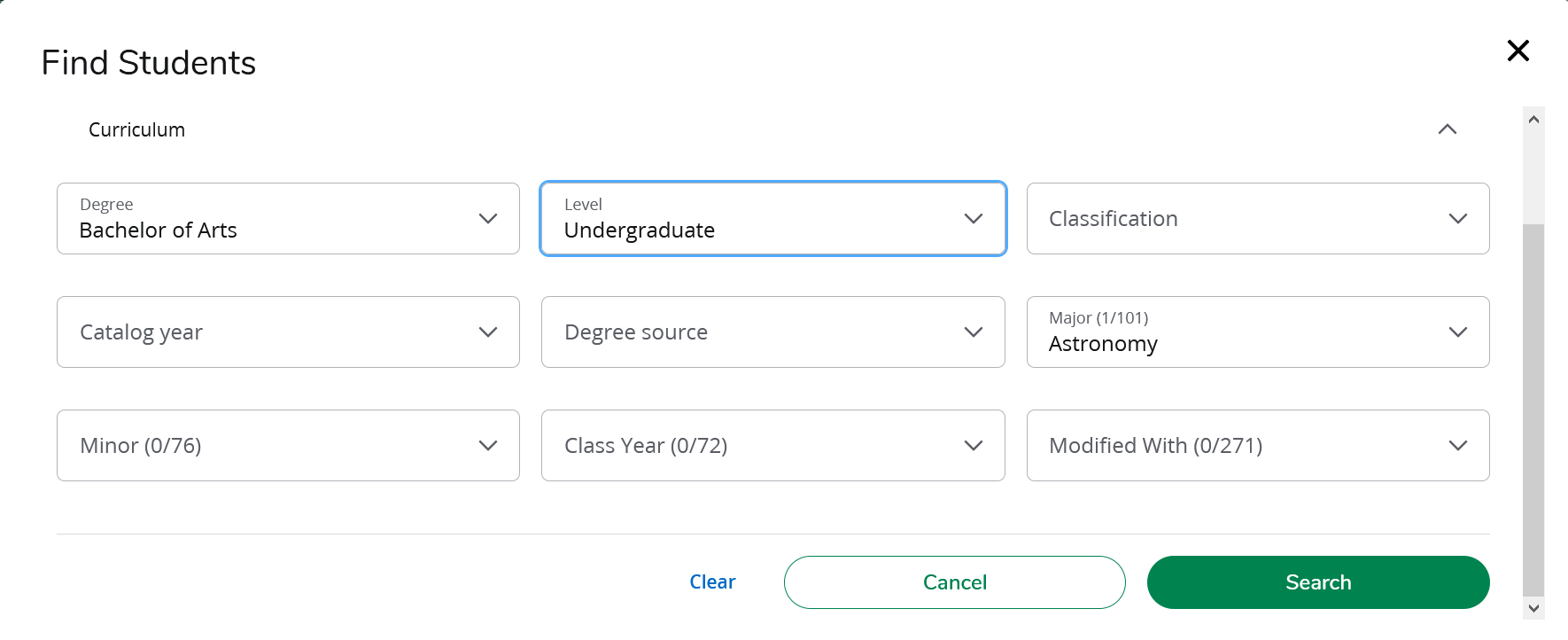 Search with criteria such as class year or major