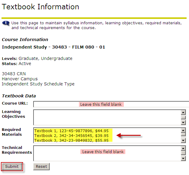 Enter textbook info in Required Materials field