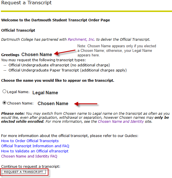 Screenshot of the Transcript Request Page with Chosen Name notations