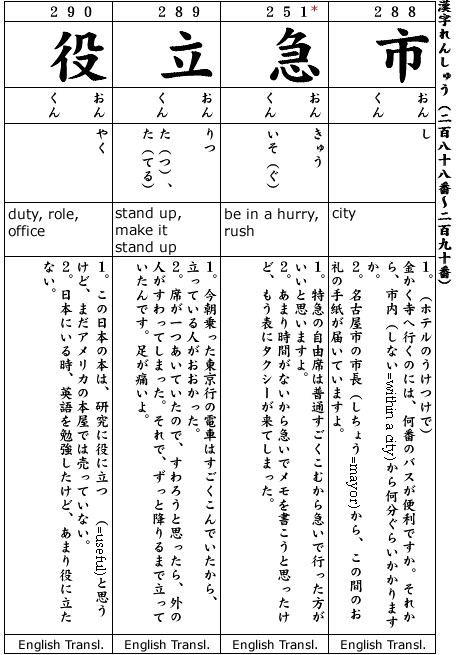  Japanese 3:  Kanji & Example.  Kanji #288-290,  Kanji#251