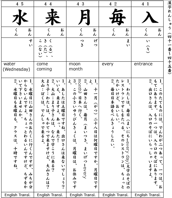 Japanese 1 Kanji & Example.  Kanji #41-45